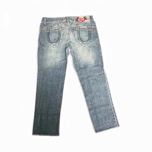 Vintage Y2K Low Rise Jeans Juniors 11  Embroidered Raw Hem Floral 2000s 90s - Picture 2 of 10